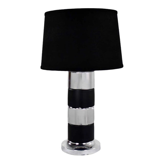 Mid 20th Century Art Deco Style Chrome and Black Horizontal Stripe Cylindrical Table Lamp Black Shade For Sale