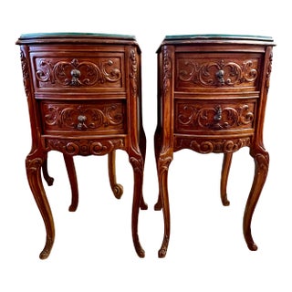 Vintage 1920s French-Style End Tables With 3-Drawers, Ornate Carvings and Glass Tops For Sale