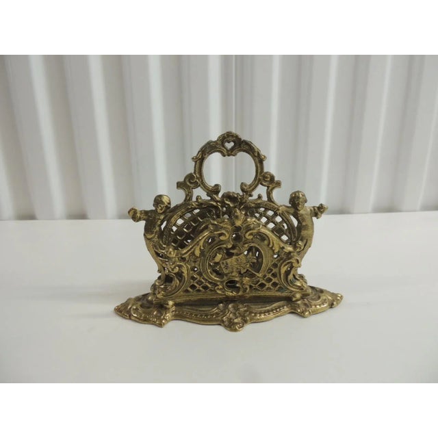 Early 20th Century Vintage Brass Cherubs Filigree Desk Letter Holder For Sale - Image 5 of 6