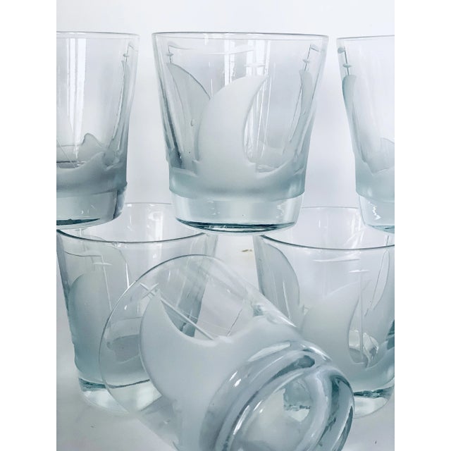 Vintage Etched Sailboat Transparent Crystal Cocktail Lowball Glasses, in the 'Artel Style'- Set of 8 For Sale - Image 9 of 12