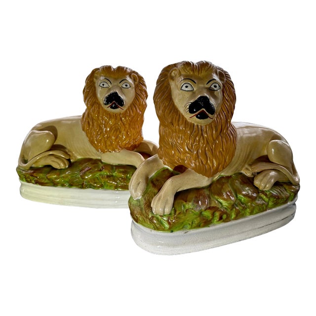 Pair of 19th Century Staffordshire Lions From England For Sale