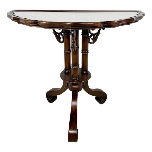 Vintage Southampton Demilune Console Table With Cane & Glass Top For Sale