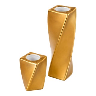 Angela Cummings for Arita Japan 1983 Rare Gilded Porcelain Twisted Candleholders – Pair For Sale