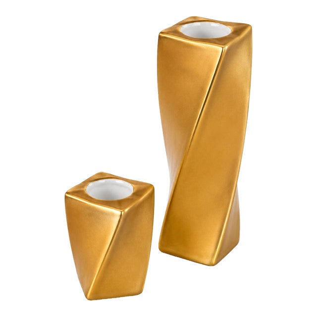 Angela Cummings for Arita Japan 1983 Rare Gilded Porcelain Twisted Candleholders – Pair For Sale