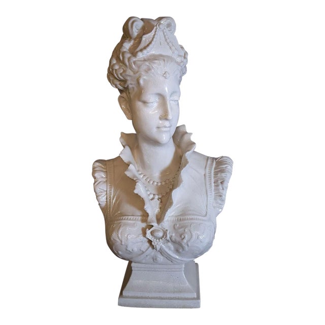 Large Italian White Crackle Glaze Porcelain Lady Bust Sculpture, 1970s , 23 Inches Tall For Sale
