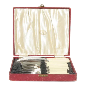 Antique English Celluloid / Silverplate Fish Serving Set, 6 Place Settings + Satin-Lined Box