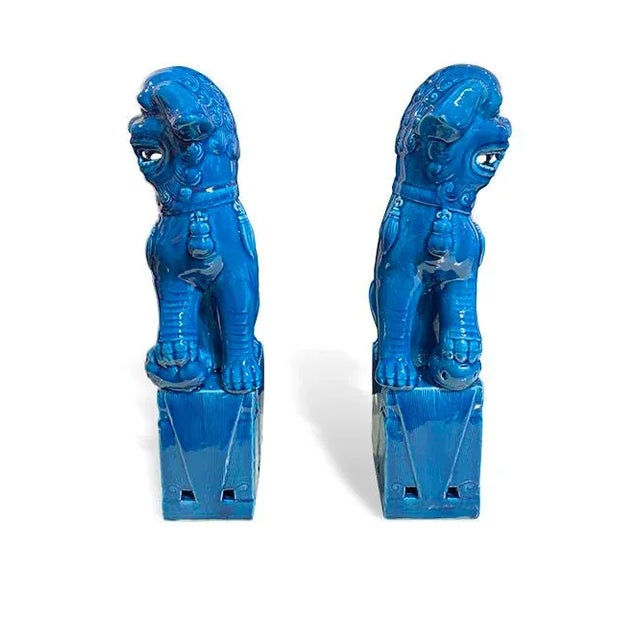 Chinese 1980s Chinese Blue Ceramic Fu Dogs - a Pair For Sale - Image 3 of 4