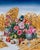 This oil on canvas artwork presents a vibrant still life of blooming flowers and fruits, intricately arranged in front of...