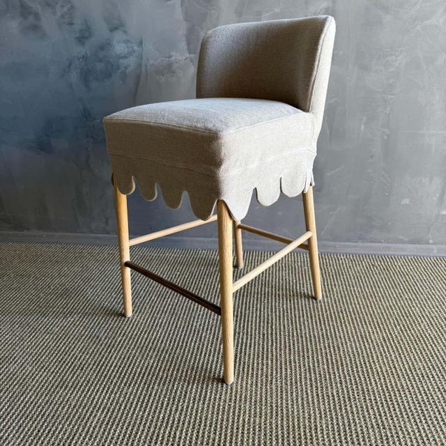 Linen Slip Covered Counter Height Stools With Solid White Oak Legs & Brass Foot For Sale - Image 4 of 9