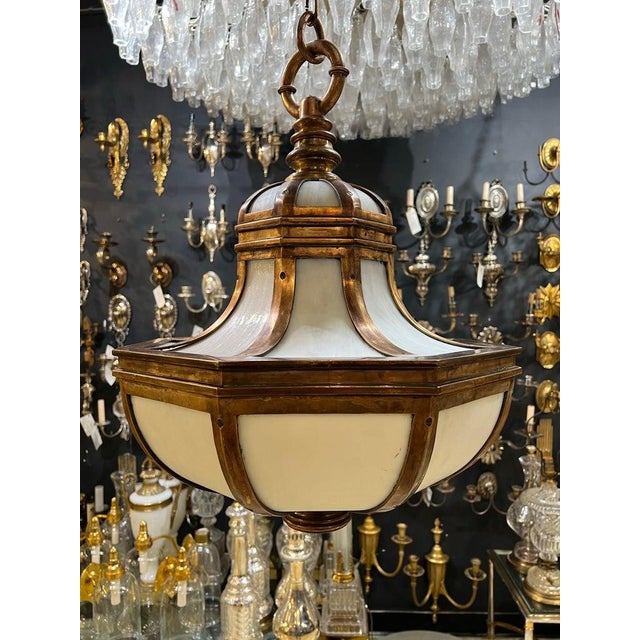 1900 Caldwell brown patinated bronze and glass pendant with 4 interior lights (newly UL rewired)