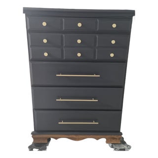 Mid 20th Century Tall Boy Dresser – Matte Black W/Warm Wood Base For Sale