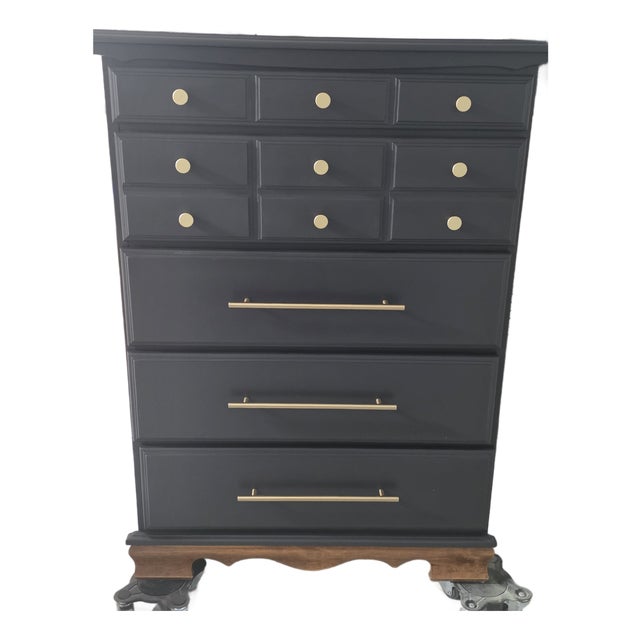 Mid 20th Century Tall Boy Dresser – Matte Black W/Warm Wood Base For Sale
