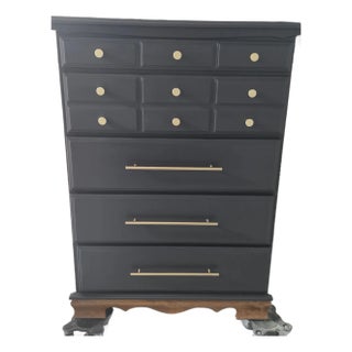 Tall Boy Dresser – Matte Black W/Warm Wood Base For Sale