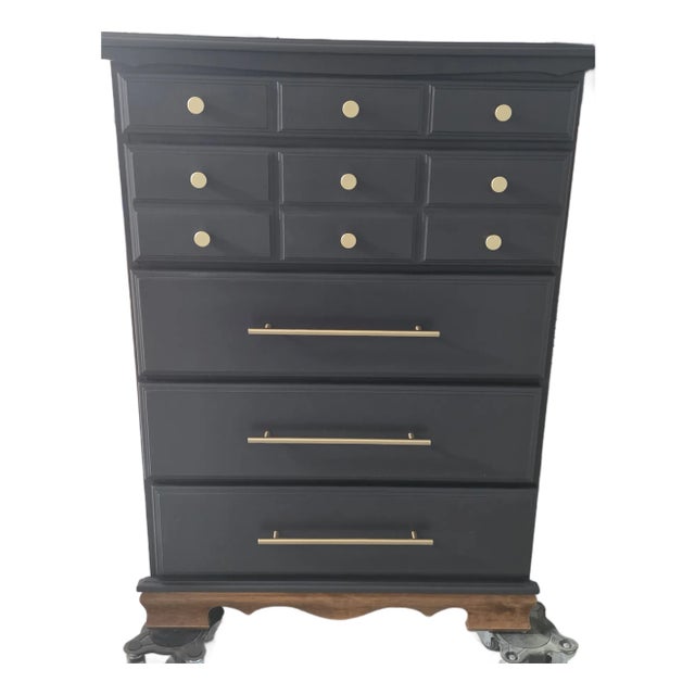Tall Boy Dresser – Matte Black W/Warm Wood Base For Sale