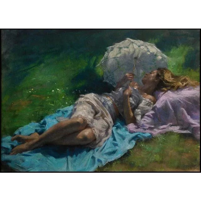"Descanso en el Jardin" Origianl Pastel on paper by Spanish artist Vicente Romero. Hand signed by the artist, bottom...