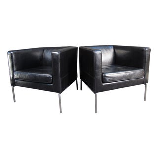 Modern Black Leather Club Chairs - A Pair For Sale