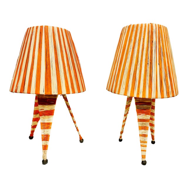 Mid 20th CenturyFlame Orange Moroccan Raffia Table Lamps - a Pair For Sale