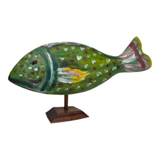 Vintage Coastal Sculpted Wood Hand Painted Tropical Fish Figurine, Green, Dark Pink, Yelllow For Sale