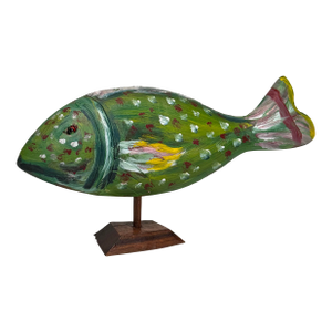 Vintage Coastal Sculpted Wood Hand Painted Tropical Fish Figurine, Green, Dark Pink, Yelllow
