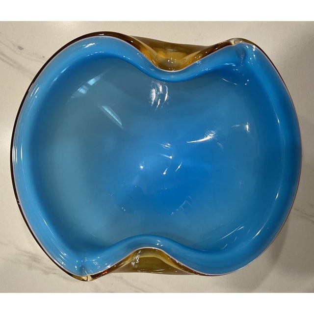 Glass Vintage MCM Alfredo Barbini Murano Art Glass Bowl Ashtray Blue & Brown For Sale - Image 7 of 9