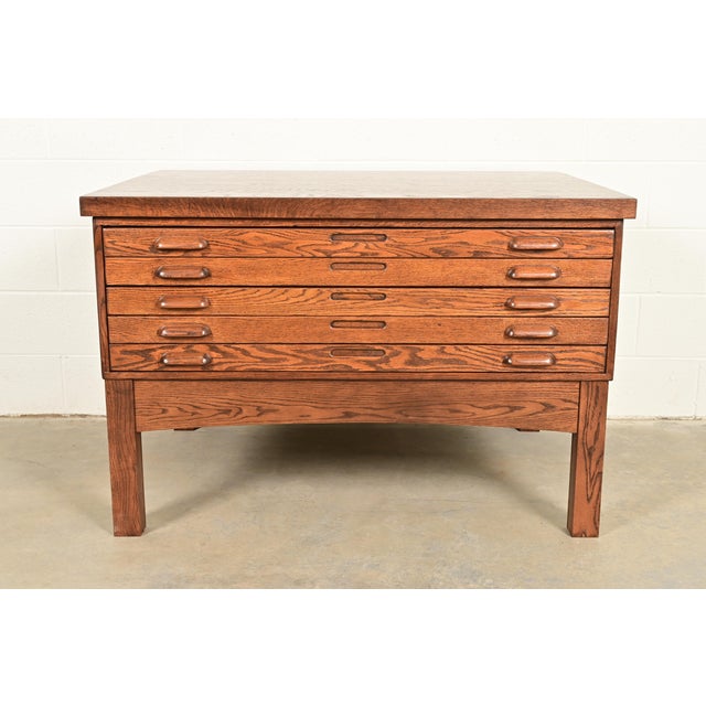 Mission Antique Oak Arts & Crafts 5-Drawer Architect's Blueprint Flat File Cabinet, Newly Refinished For Sale - Image 3 of 15