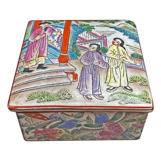 Vintage Chinese Enamel Color Handpainted Scenery Square Trinket Box For Sale