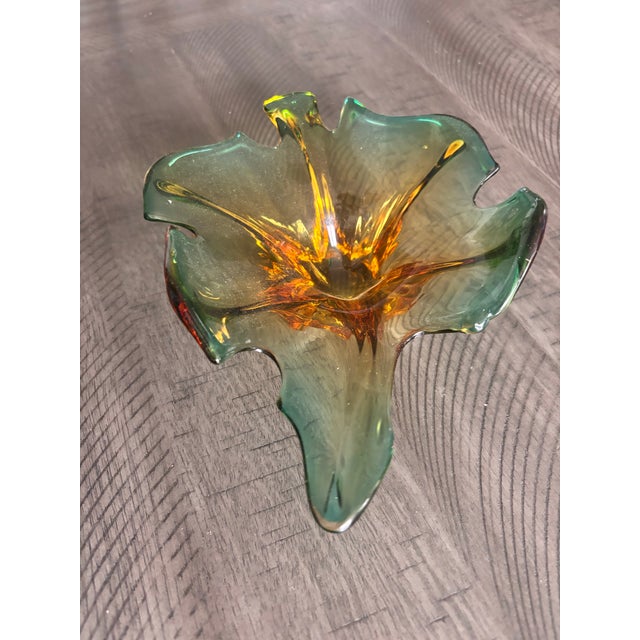 Glass Vintage Murano Blown Glass - Green and Yellow Leaf Bowl For Sale - Image 7 of 9