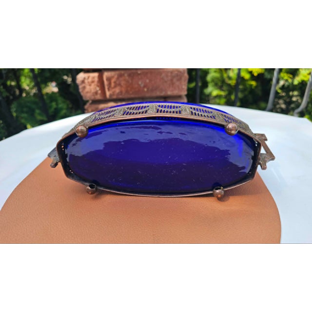 Metal Art Nouveau Jardiniere in Cobalt Glass, 1890s For Sale - Image 7 of 8