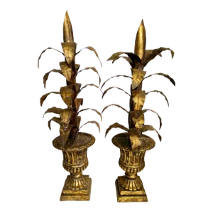 Vintage Massive Gold Gilt Metal Tole Chelsea House Style Potted Palm Tree Urn Room Decor- a Pair
