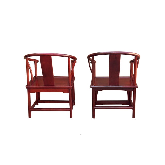 Wood Pair Chinese Horseshoes Back Reddish Brown Stain Armchairs For Sale - Image 7 of 8
