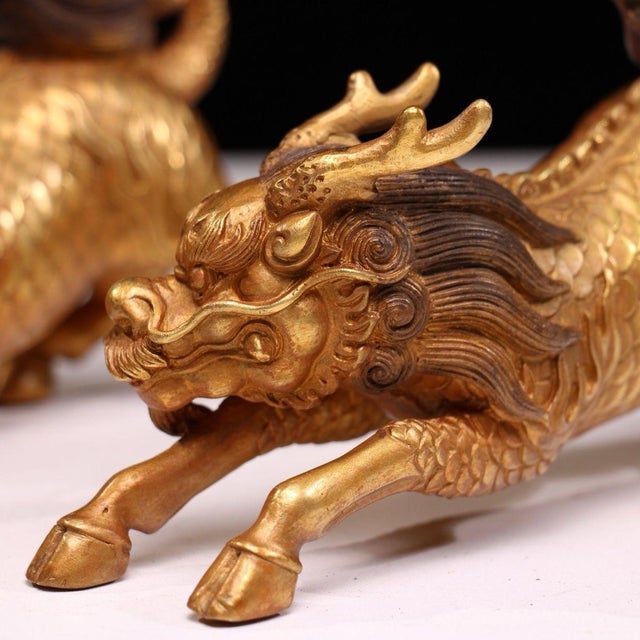 Art Deco Solid Copper Gilt Pair of Golden Qilin Statues (Running Posture) - Auspicious Wealth-Drawing Bronze Qilin Figurines For Sale - Image 3 of 9