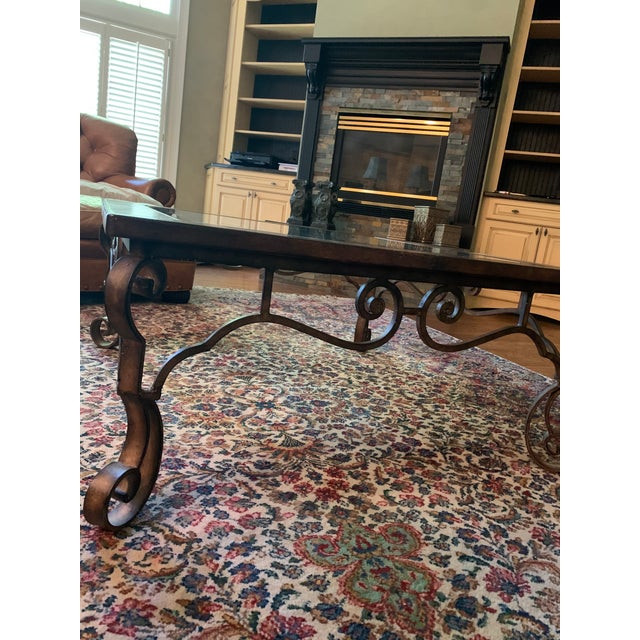 Rustic European Thomasville Leather, Iron & Glass Top Coffee Table For Sale - Image 3 of 12