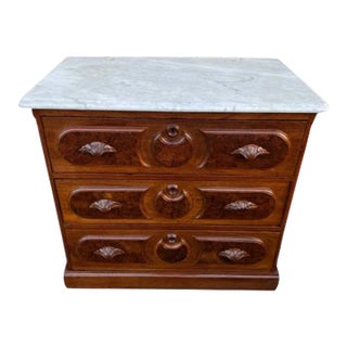 19th Century Walnut Inlaid Burlwood Marble Top Dresser For Sale