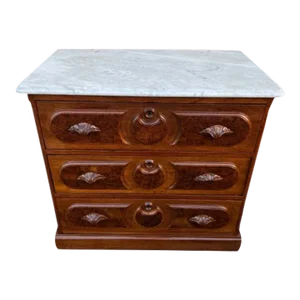 19th Century Walnut Inlaid Burlwood Marble Top Dresser