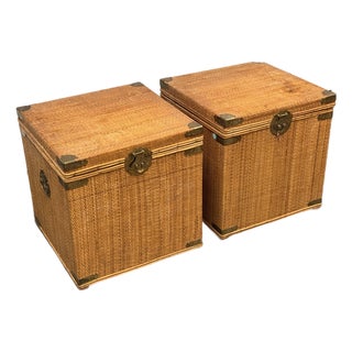 Wicker Asian Campaign/Chinoiserie Hinged Chests, Pair For Sale
