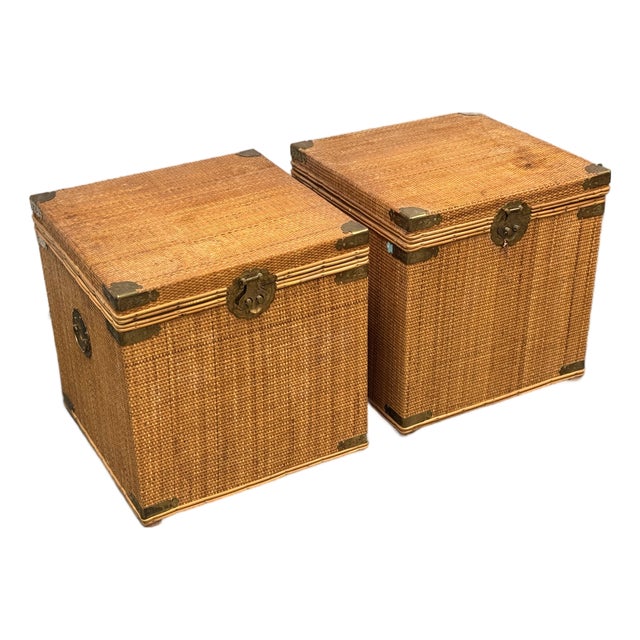Wicker Asian Campaign/Chinoiserie Hinged Chests, Pair For Sale