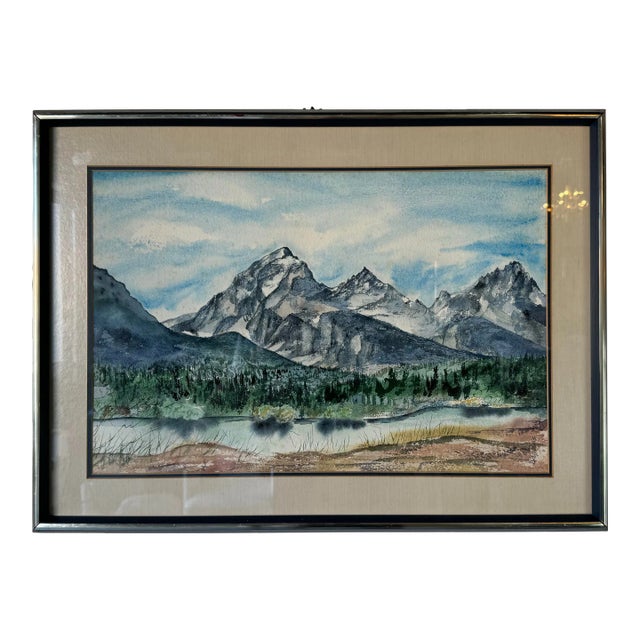 1980's Sheila W. Langlois " Shadows on the Tetons " Watercolor Landscape Painting, Framed For Sale