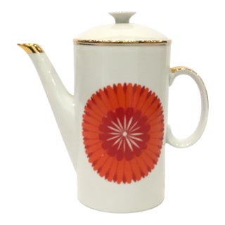 Vintage Polish Red and Orange Retro Pattern Coffee Pot For Sale