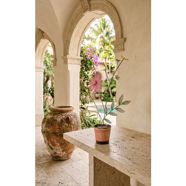 Pink Vintage Italian Hand-Painted Toleware Metal Flowers in Glazed Ceramic Pot For Sale - Image 8 of 11