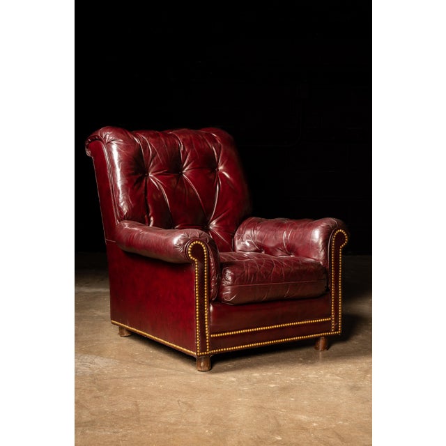 Hancock & Moore Vintage Tufted Leather Chesterfield Armchair and Ottoman Set in Burgundy For Sale - Image 4 of 12