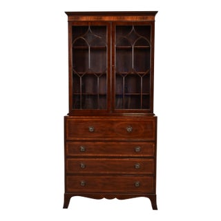 1980s Baker Furniture Georgian Inlaid Mahogany Breakfront Bookcase Cabinet With Drop Front Secretary Desk For Sale