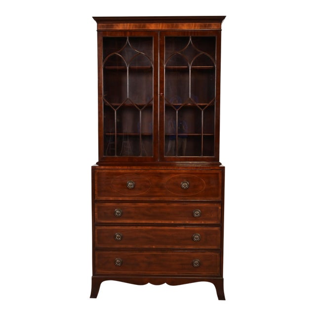 1980s Baker Furniture Georgian Inlaid Mahogany Breakfront Bookcase Cabinet With Drop Front Secretary Desk For Sale