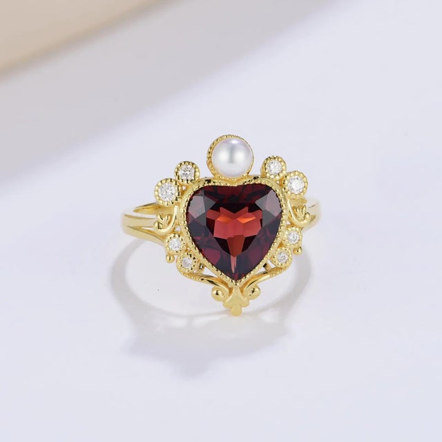 Not Yet Made - Made To Order Kai "On My Heart" Garnet Diamond Pearl Cocktail Ring, size 8 For Sale - Image 5 of 12