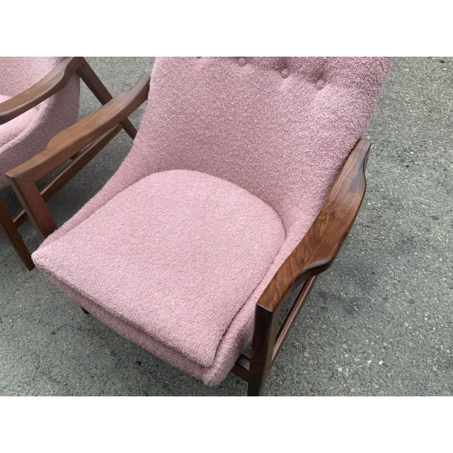 Wood Mid-Century Modern Style Lounge Chairs - Solid Walnut Frames with Pink Boucle For Sale - Image 7 of 13
