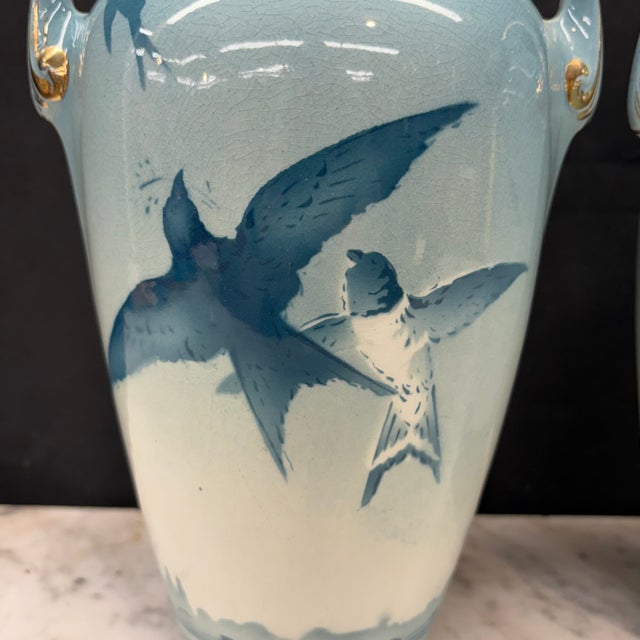 19th Century French Faience Three-Piece Vase and Jardinière Set With Swallows by Keller and Guerin For Sale - Image 15 of 16