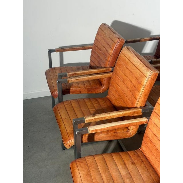 Vintage Cognac Leather Cantilever Armchairs, Set of 6 For Sale - Image 3 of 7