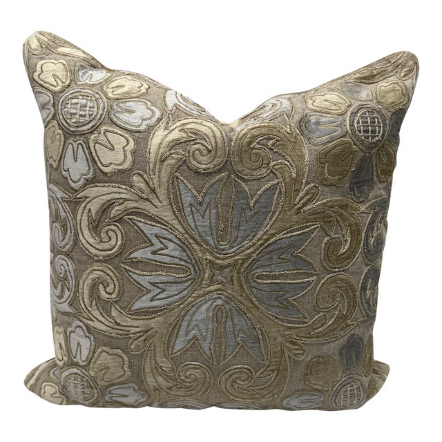 Silver & Taupe Embroidered Pillow For Sale