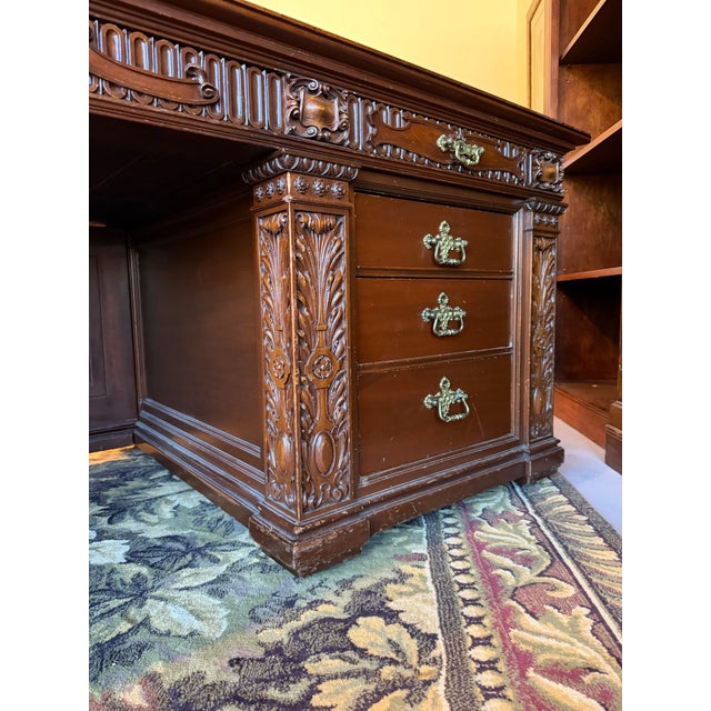 Presidential "Resolute Desk" Carved Mahogany Handcrafted Executive Partners Desk For Sale - Image 11 of 12