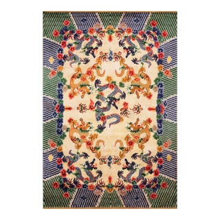 1920s Colorful Dragon Antique Chinese Silk Rug 6'3" X 9'3" Handknotted Wool Carpet For Sale