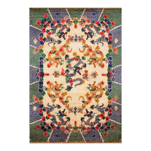 1920s Colorful Dragon Antique Chinese Silk Rug 6'3" X 9'3" Handknotted Wool Carpet